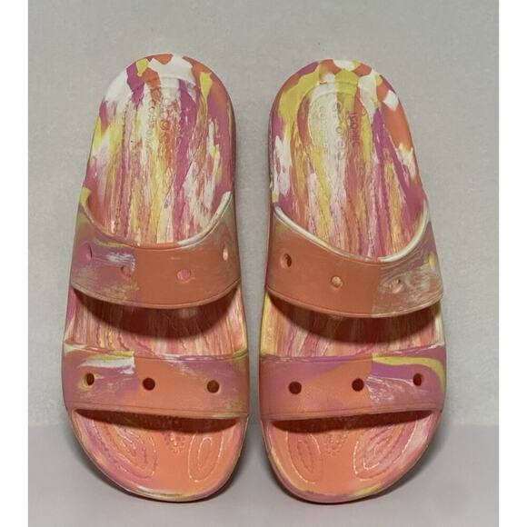 Crocs Marble Tie Dye Slide Sandal Womens 5 Men’s 7Papaya Pink Orange Yellow EUC - Picture 1 of 8